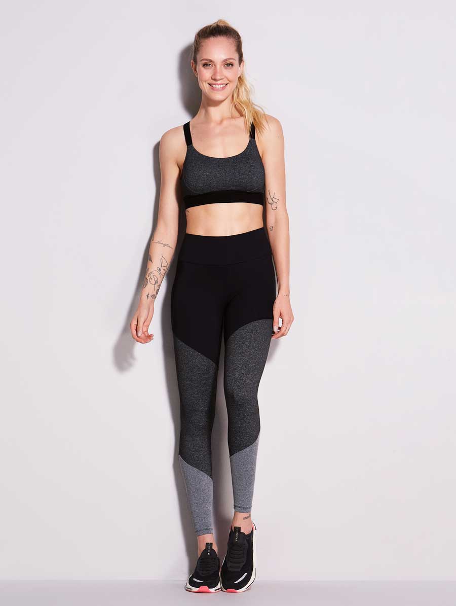 Calça legging fitness bicolor com tela nas laterais mescla com