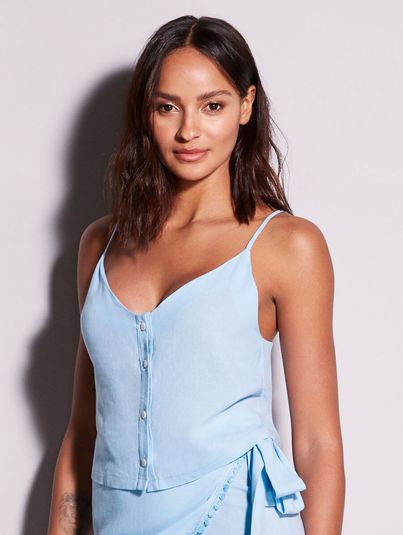 Blusa Cropped Alças Finas Com Botões Azul Nubla 1