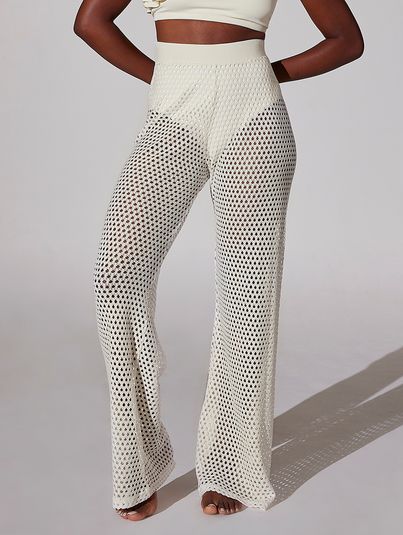 Calça Reta Ampla Em Tricot Off White Perola