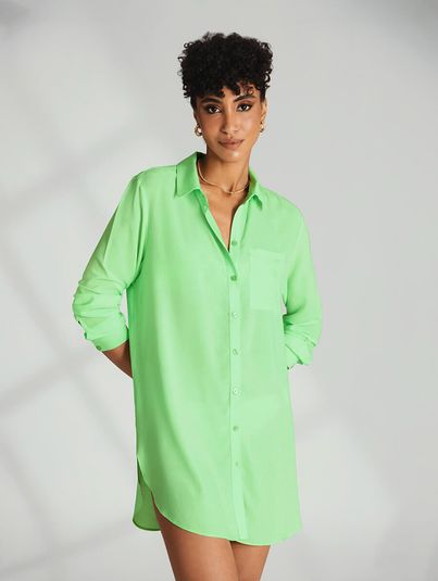 Camisa Alongada Oversized Manga Longa Verde Fresh