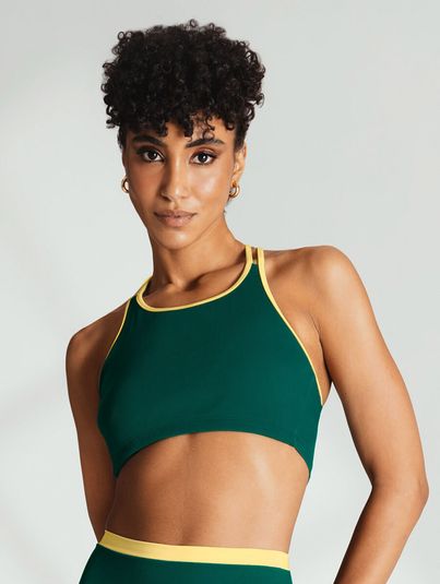 Top Cropped Canelado Bicolor Verde Malaquita E Amarelo