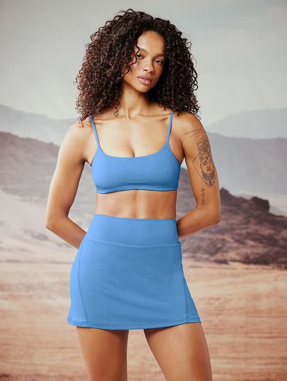 Conjunto Top Alças Finas E Saia Shorts Azul Riviera Básico Fitness Essencial