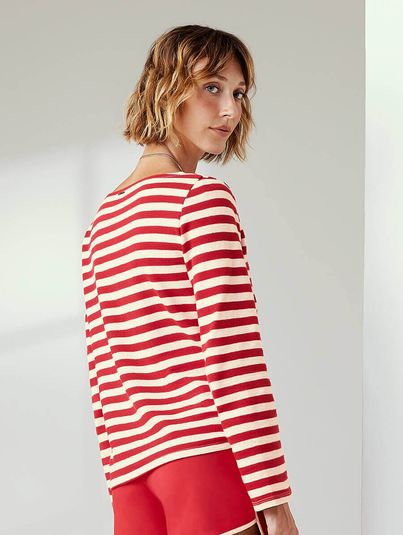 Blusa Manga Longa Listrada Nautical Estampa Listras Vermelho