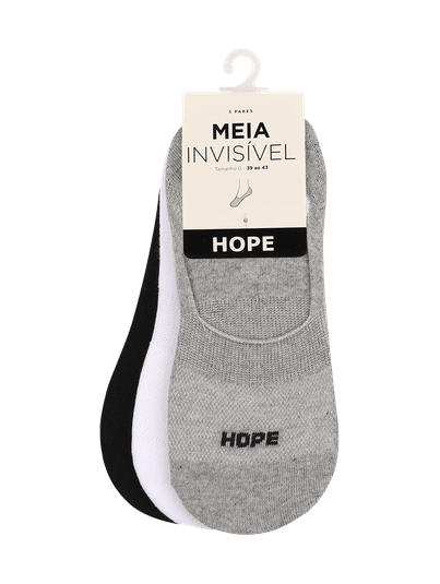 Kit Com 3 Pares De Meia Invisível Em Algodão Cinza Mescla/preto/branco