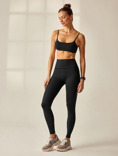 Conjunto Top Alças Finas E Calça Legging Preto Básico Fitness Essencial
