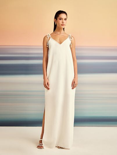 Vestido Longo Decote V Alças Finas Off White