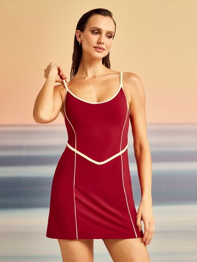 Vestido Fitness Alças Finas Com Vivo Contrastante Bicolor Vermelho E Off White Nata