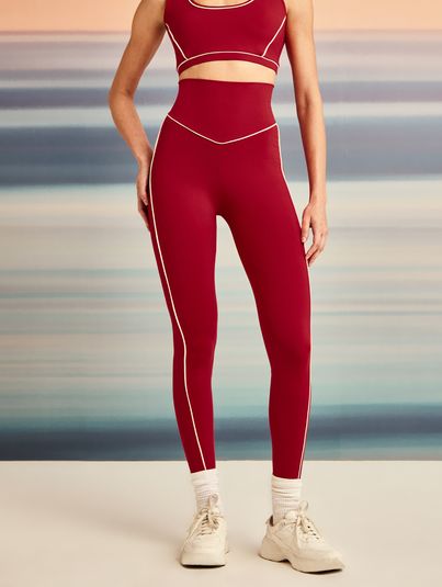 Calça Legging Cós Em V Com Vivo Contrastante Bicolor Vermelho E Off White Nata