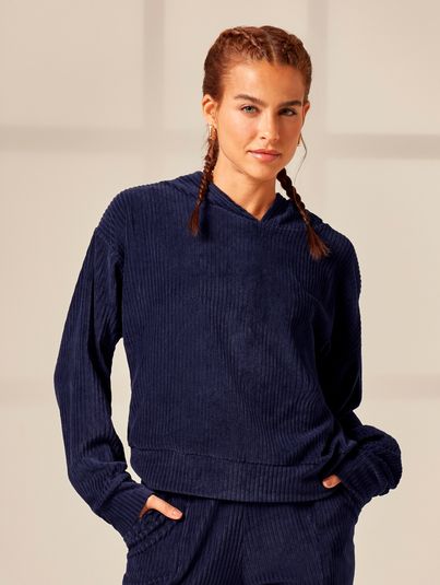 Blusa De Moletom Cropped Com Capuz Azul Marinho