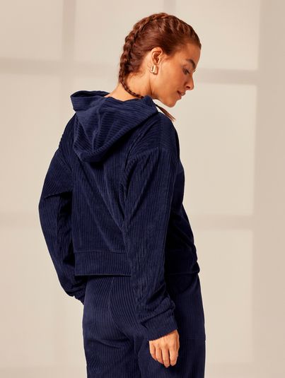 Blusa De Moletom Cropped Com Capuz Azul Marinho 3