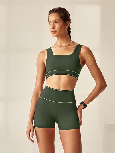Shorts Fit Cós Alto Sem Costura Verde Croco