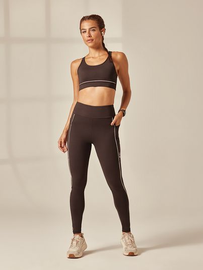 Calça Legging Cós Alto Com Bolsos Running Marrom Cafe