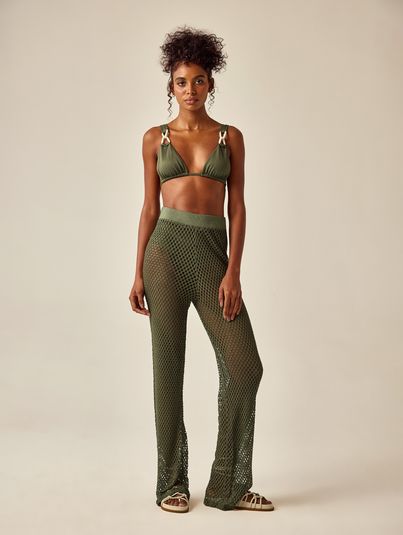 Calça Reta Ampla Em Tricot Verde Croco