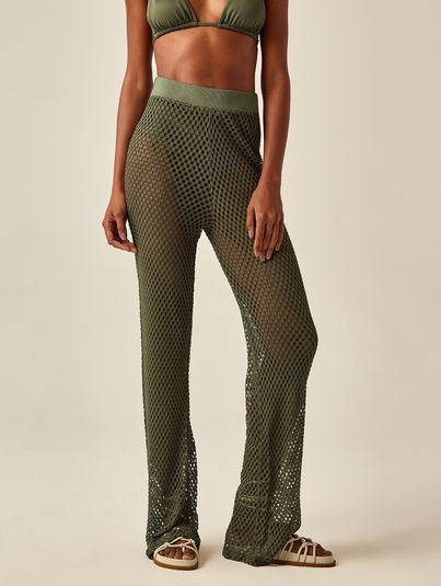 Calça Reta Ampla Em Tricot Verde Croco