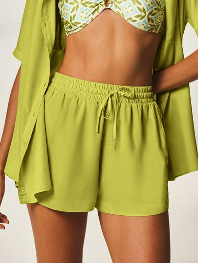 Shorts Curto Cós Elástico Verde Folhagem