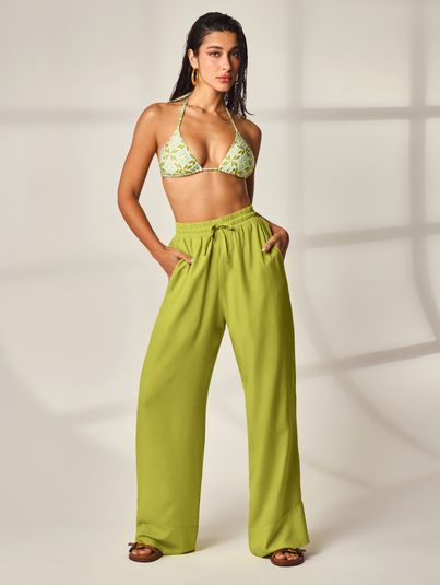 Calça Ampla Cós Elástico Verde Folhagem