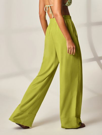 Calça Ampla Cós Elástico Verde Folhagem