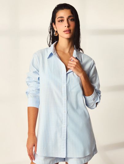 Camisa Alongada Oversized Manga Longa Listrada Listras Branco E Azul Malibu 3